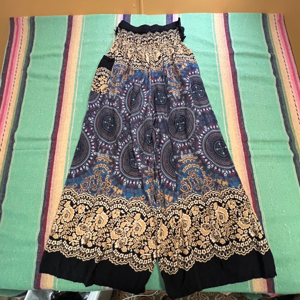 Bangkok Pants Harem Pants Womens OS Blue Mandala Boho Smocked Waist Yoga